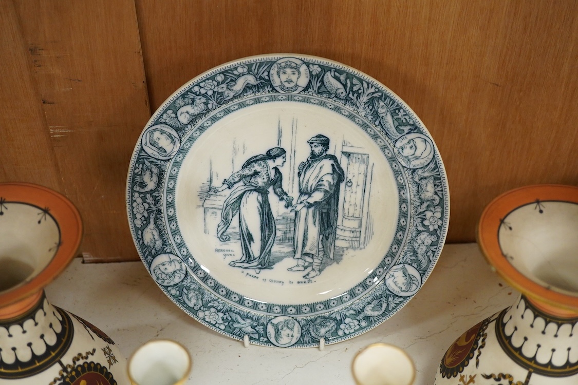 A pair of Copenhagen biscuit relief plaques of Night and Day, after Thorvaldsen, 15cm diameter, plus two pairs of vases, a blue and white plate and teapot (8)
